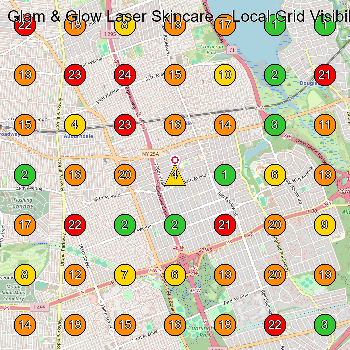 Glam & Glow Laser Skincare Health And Beauty Shop GeoGrid ranking map for Queens NY